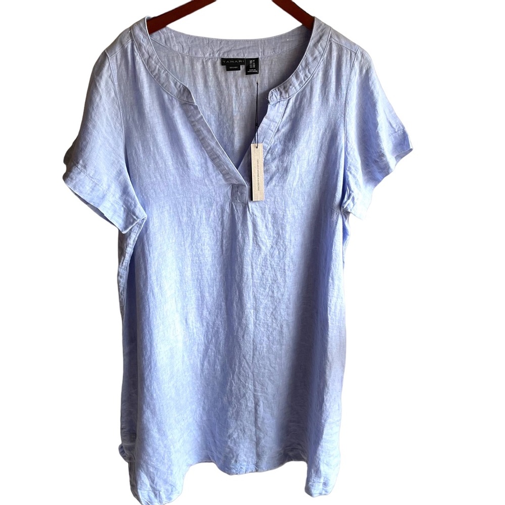 Tahari Pure Linen Lagenlook Dress/Tunic Short Sleeve Vneck. Light Blue. 1X